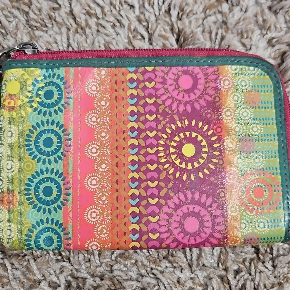 Fossil Pink & Green Boho Chic Zip Wristlet Clutch